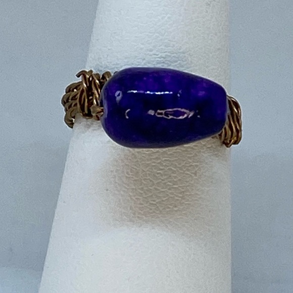 Kool Klay Jewelry - Handmade Blue Glass Bead Ring on Antique Brass
